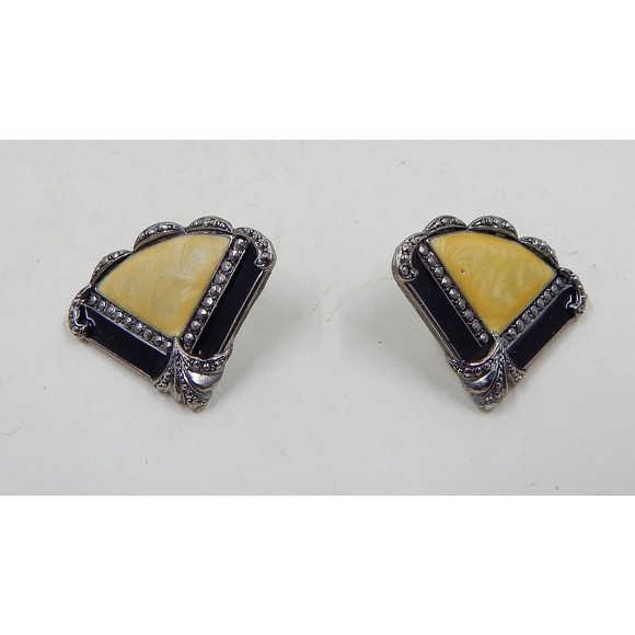 Avon Art Deco Faux Marcasite Pearlized Cream Black Enamel Fan Earrings Pin - Picture 6 of 12